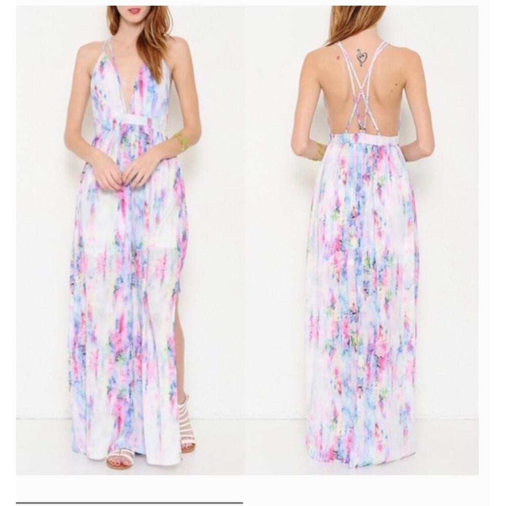 L'Atiste By Amy Watercolor plunge v neck Maxi Dress Strappy Back & Side Slit S